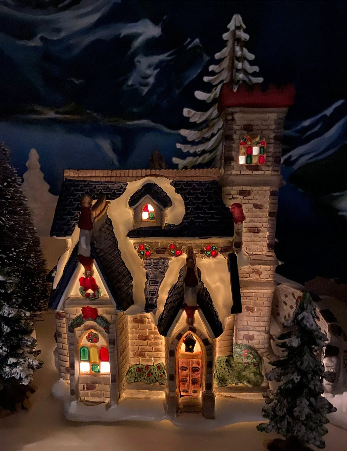 Illuminated Stoney Bridge Church by Santa's Workbench Collection | Victorian Series | Christmas Village Building | Collectors & Hosts