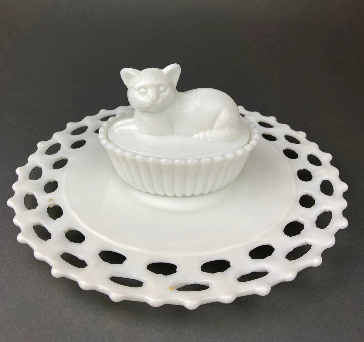 Vintage Milk Glass Cat Covered Dish | Reticulated Lace Edge | 8 In Long