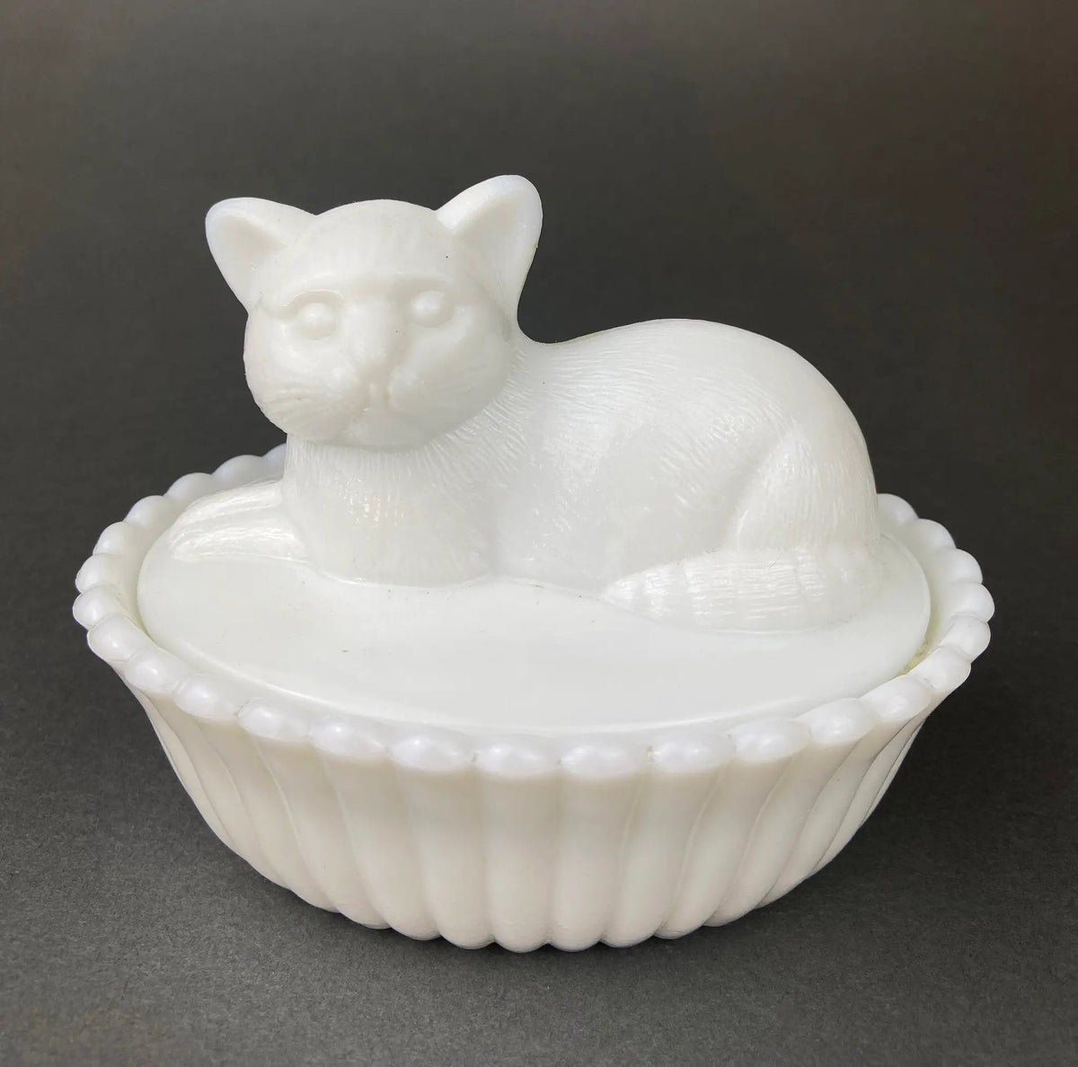 Vintage Milk Glass Cat Covered Dish | Reticulated Lace Edge | 8 In Long