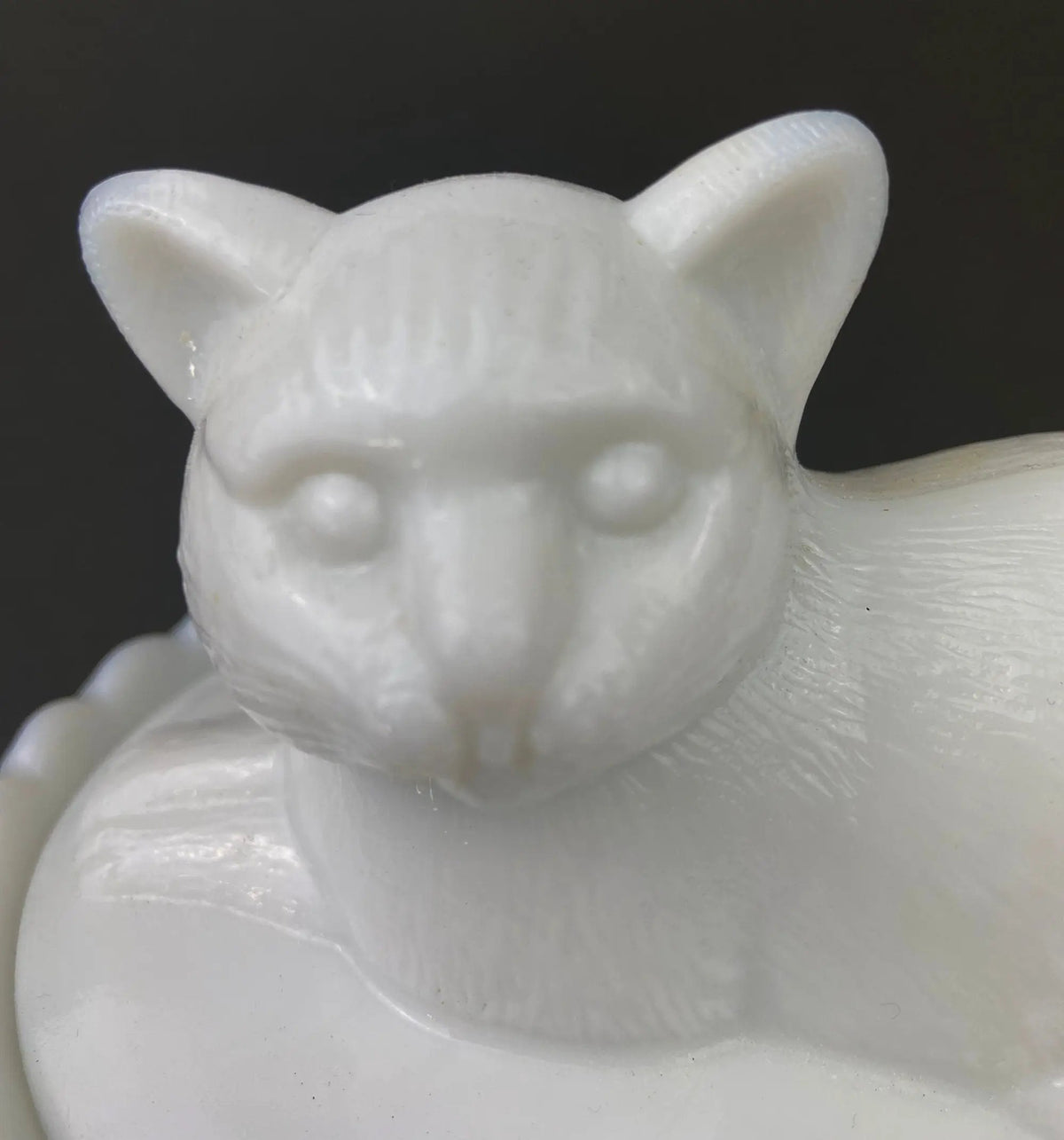 Vintage Milk Glass Cat Covered Dish | Reticulated Lace Edge | 8 In Long