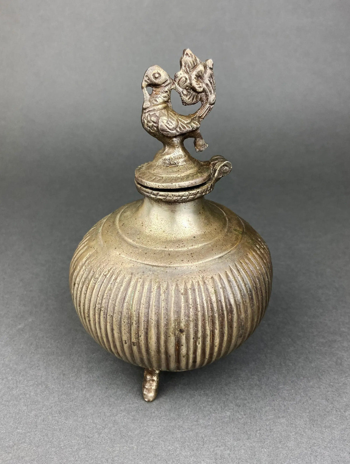 Vintage Indian Metal Vase | Peacock Lid | 7 Inch Tall | 4.5 Inch Width