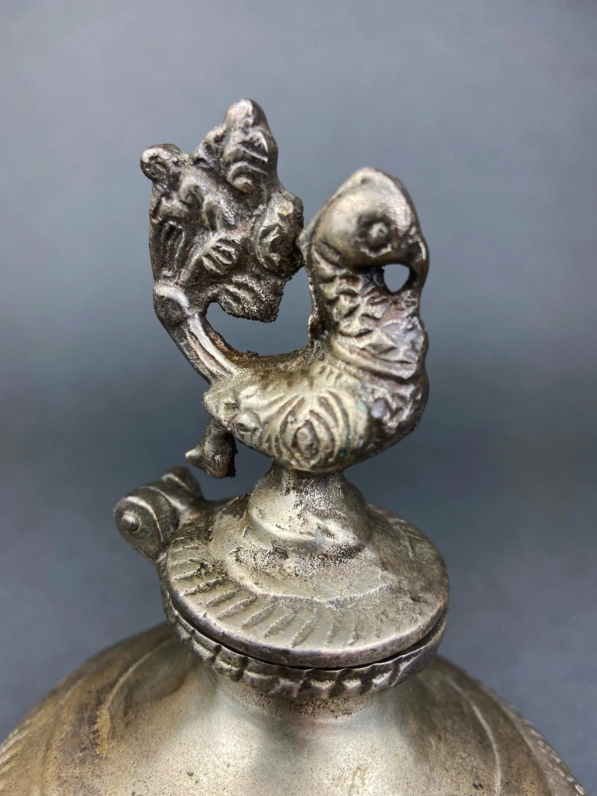 Vintage Indian Metal Vase | Peacock Lid | 7 Inch Tall | 4.5 Inch Width