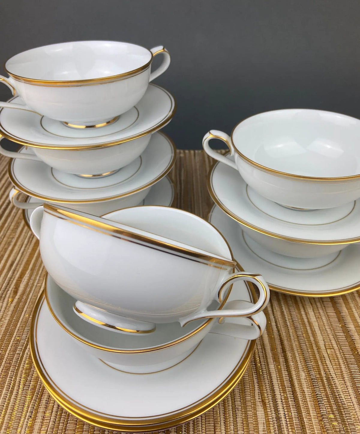 Porcelain Soup Bowls And Saucers | Noritake Allison | Wedding Band | Set Of 7