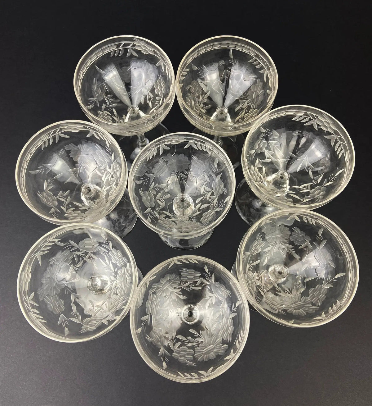 Vintage Cut Crystal Champagne Glasses | Daisy Motif | Set of 9 | 6 Oz