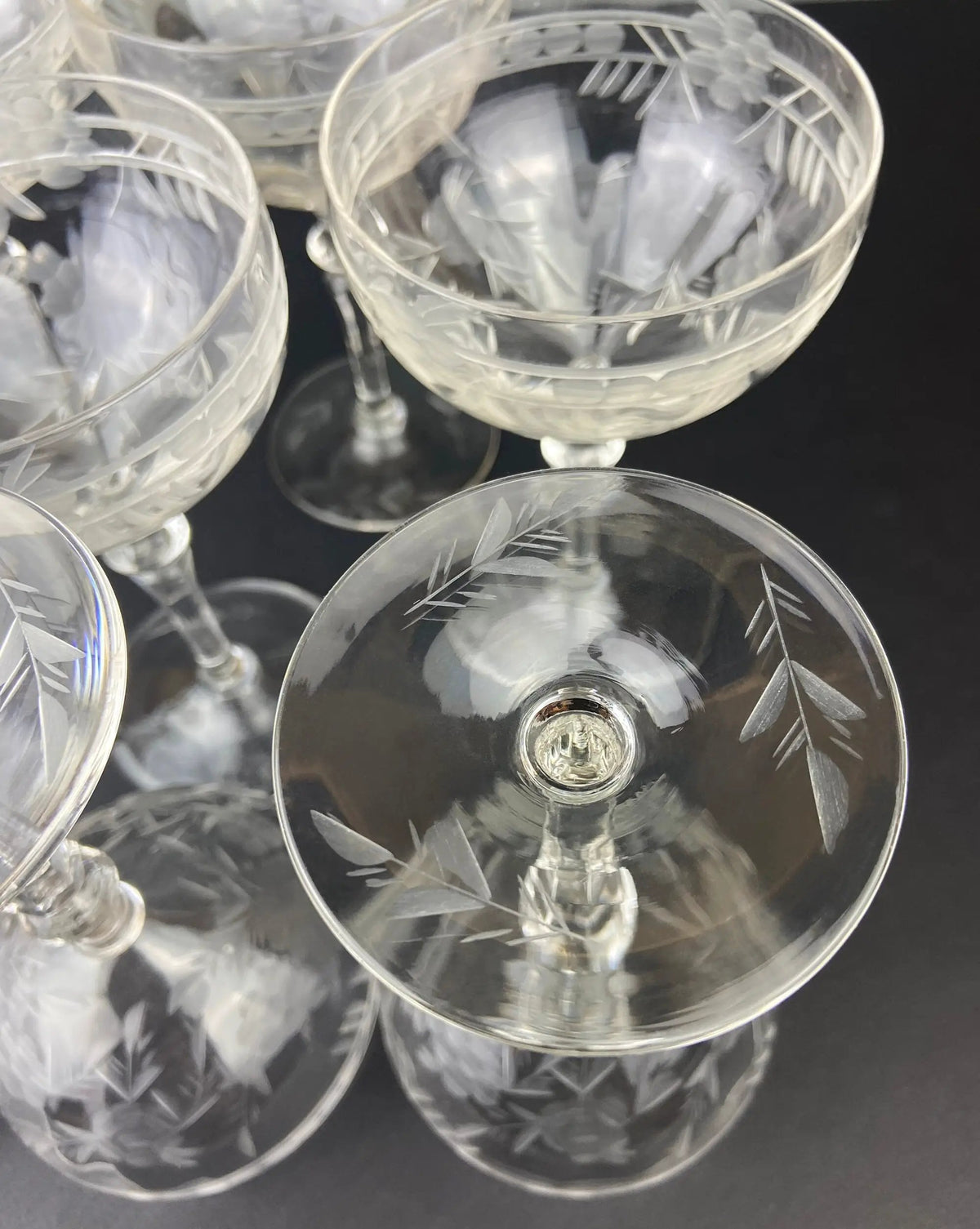 Vintage Cut Crystal Champagne Glasses | Daisy Motif | Set of 9 | 6 Oz