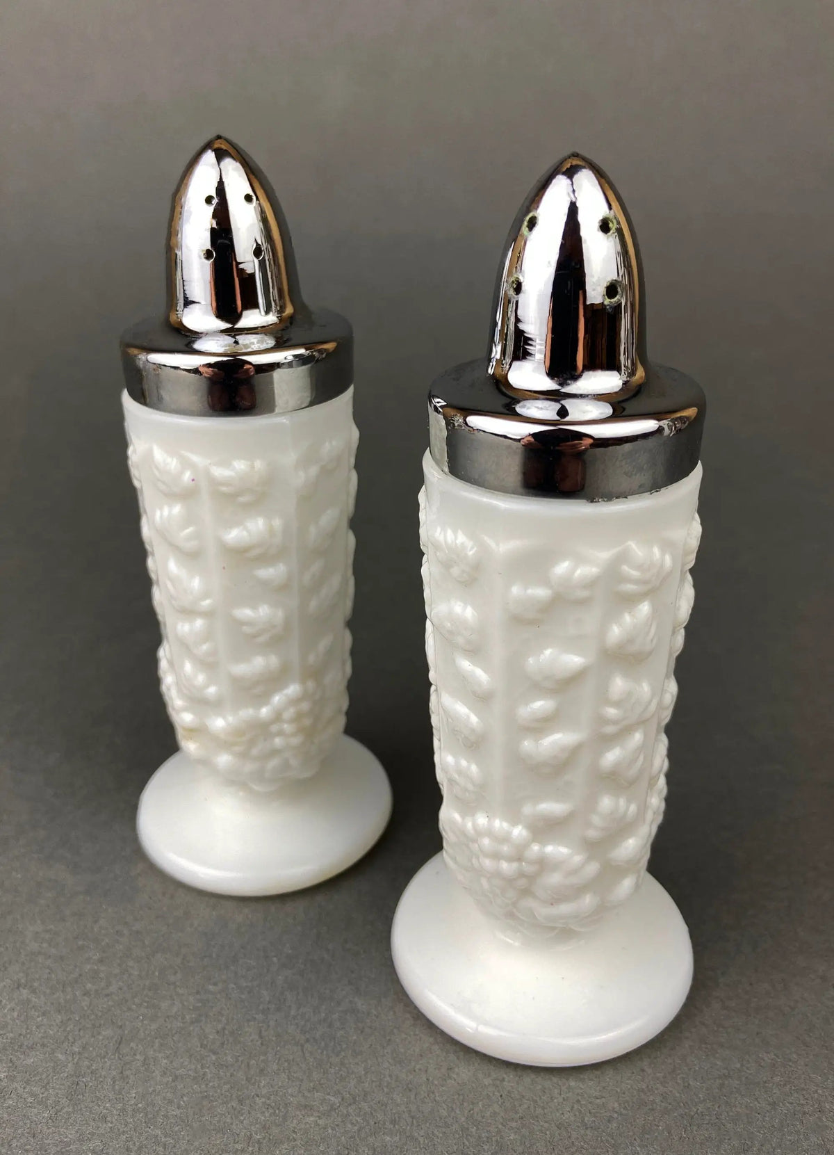 Milk Glass Salt And Pepper Shakers | Grape Vine Motif | 5 Inch Height