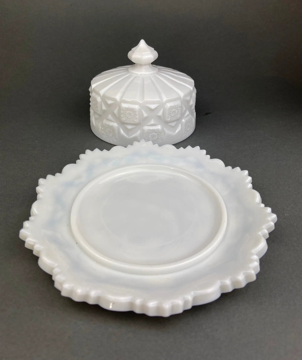 Milk Glass Bowl And Butter Dish Set | Waffle Pattern | Scalloped Edge | 7 Inch