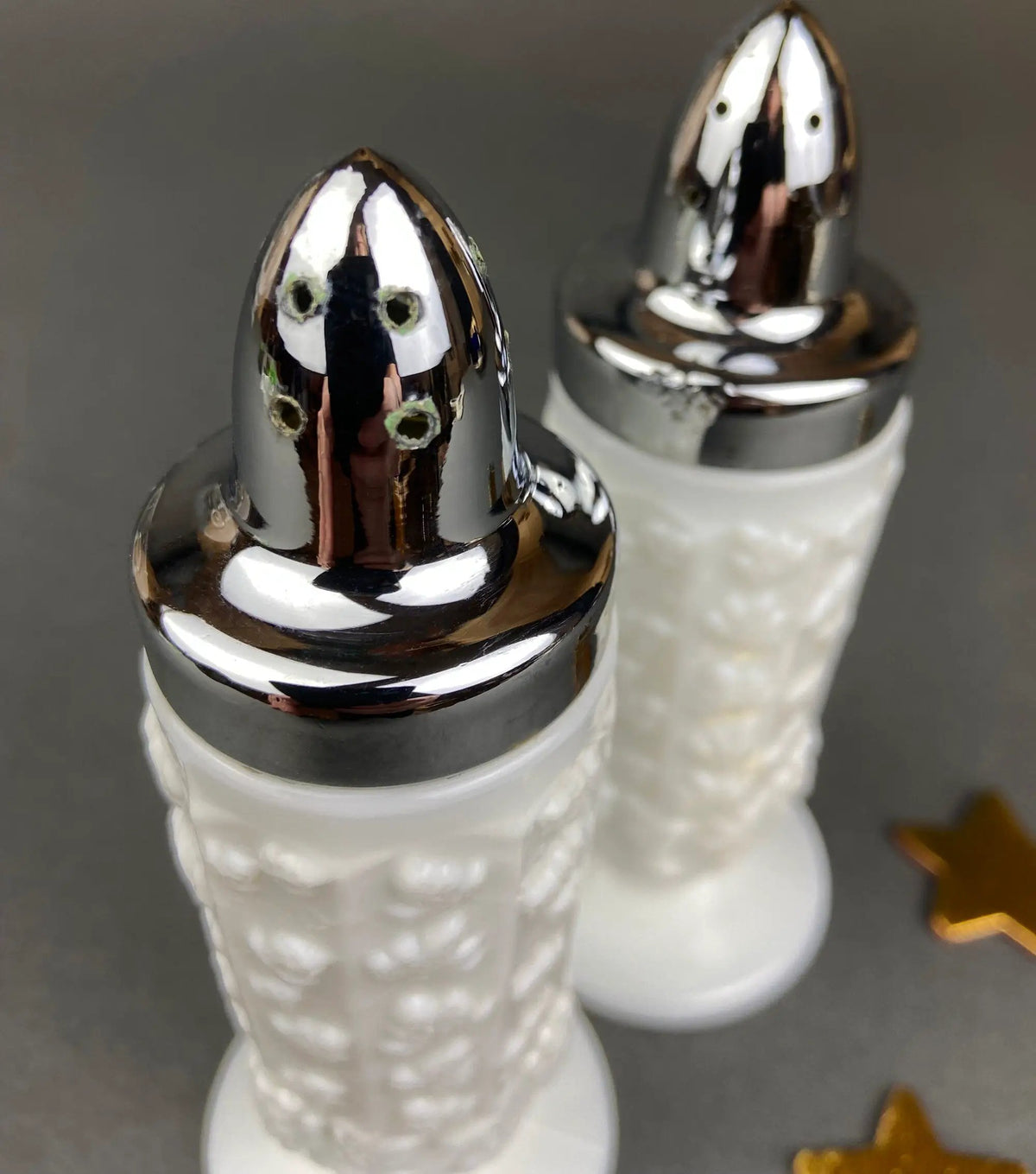 Milk Glass Salt And Pepper Shakers | Grape Vine Motif | 5 Inch Height