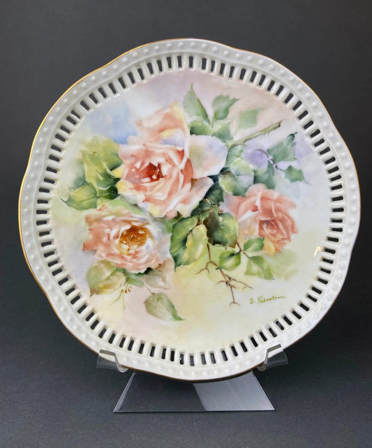 Vintage Hand Painted Porcelain Plate: Rose Motif | Reticulated Rim | Collectible Vintage | Collectors & Hosts