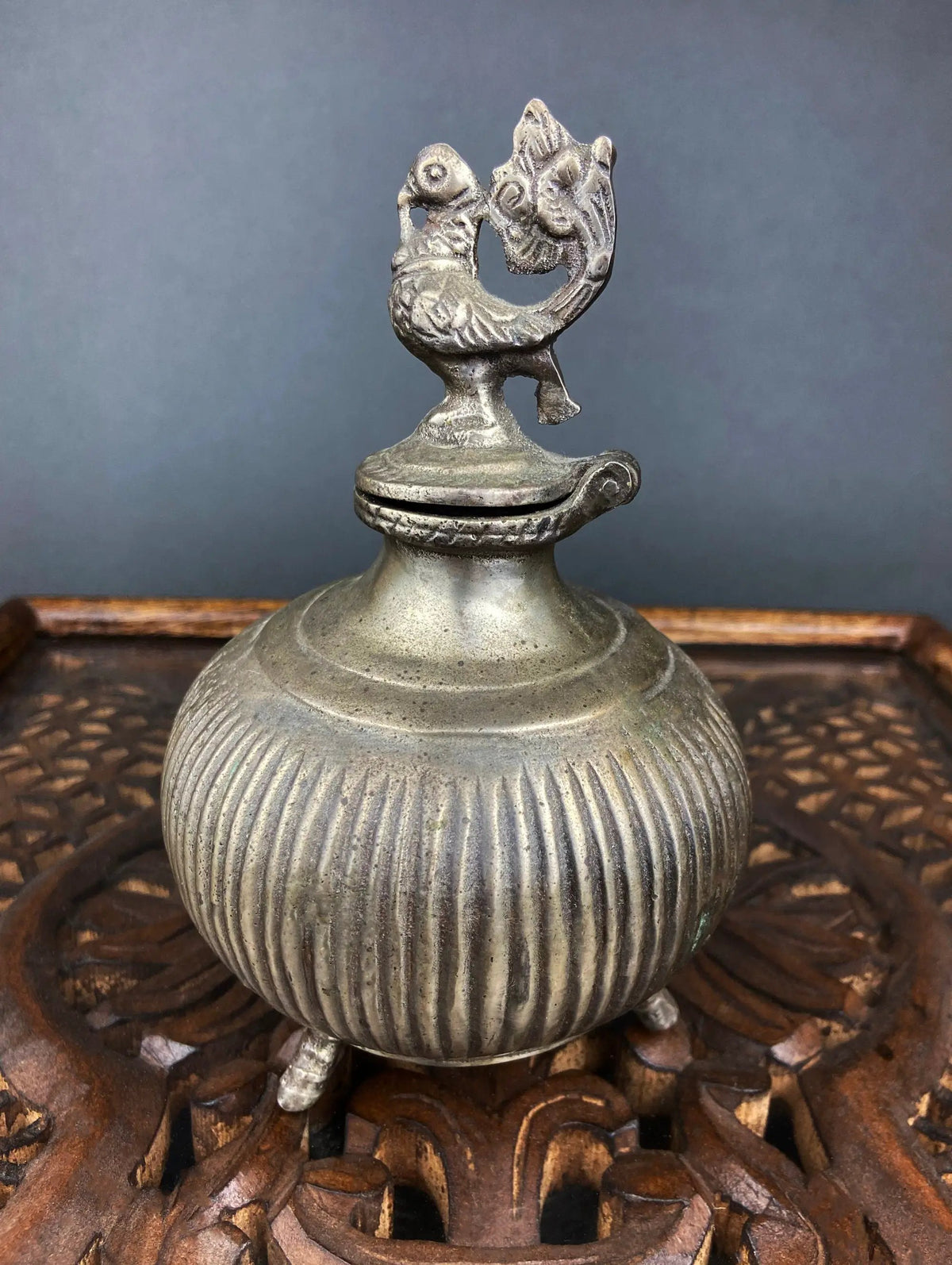 Vintage Indian Metal Vase | Peacock Lid | 7 Inch Tall | 4.5 Inch Width