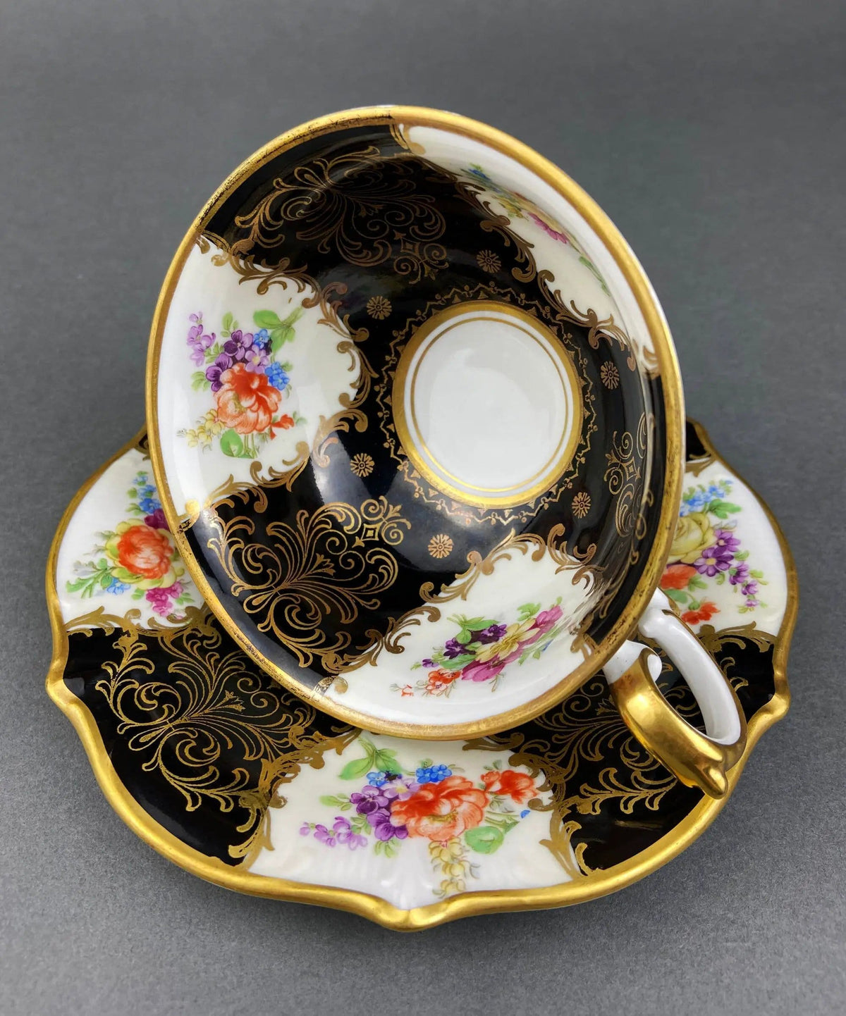 Antique Lefton Black and Gold Tea Cup and Saucer | Hand Painted Rose Motif | Dining Room Decor | Gift for Him or Her