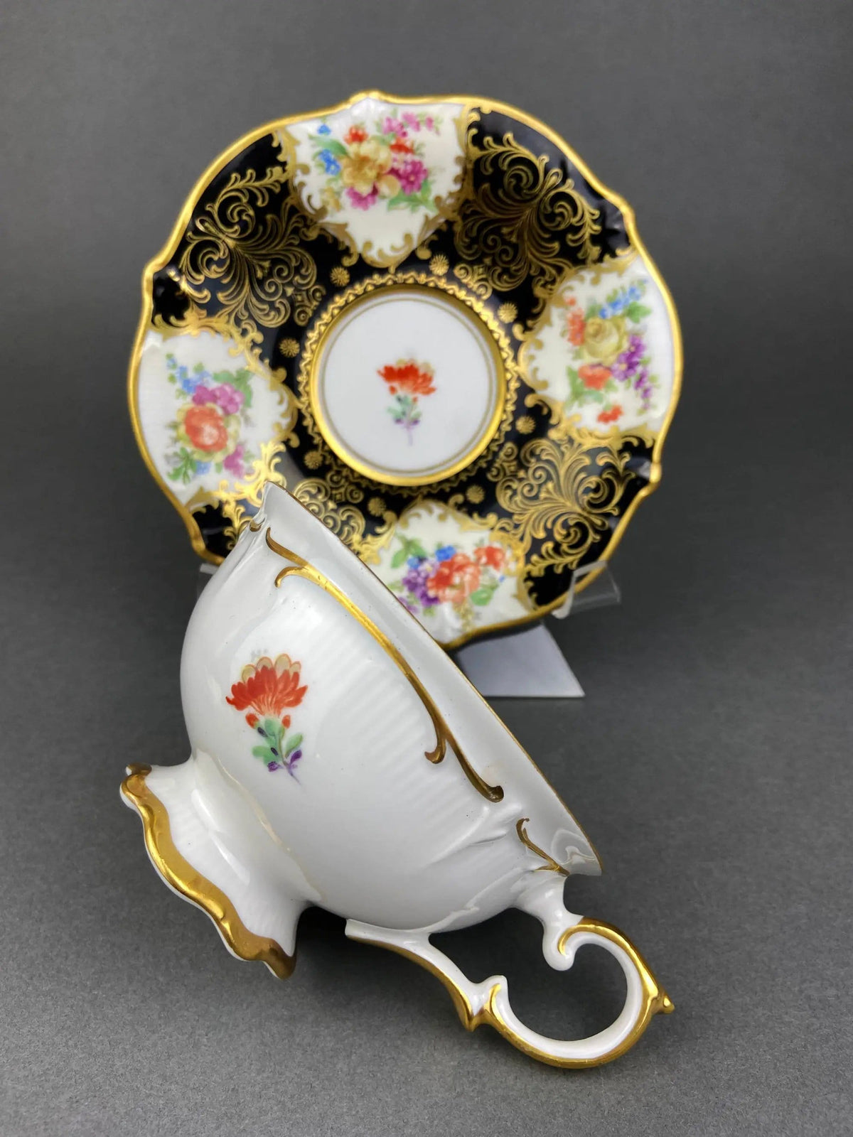 Antique Lefton Black and Gold Tea Cup and Saucer | Hand Painted Rose Motif | Dining Room Decor | Gift for Him or Her