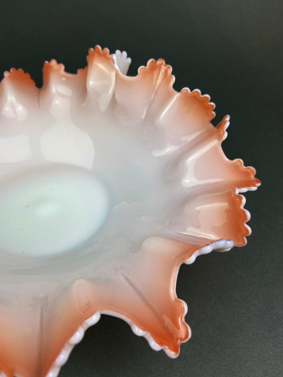 Vintage Opalescent Glass Serving Bowl | White Pink | Ruffled Edge | 10 Inch