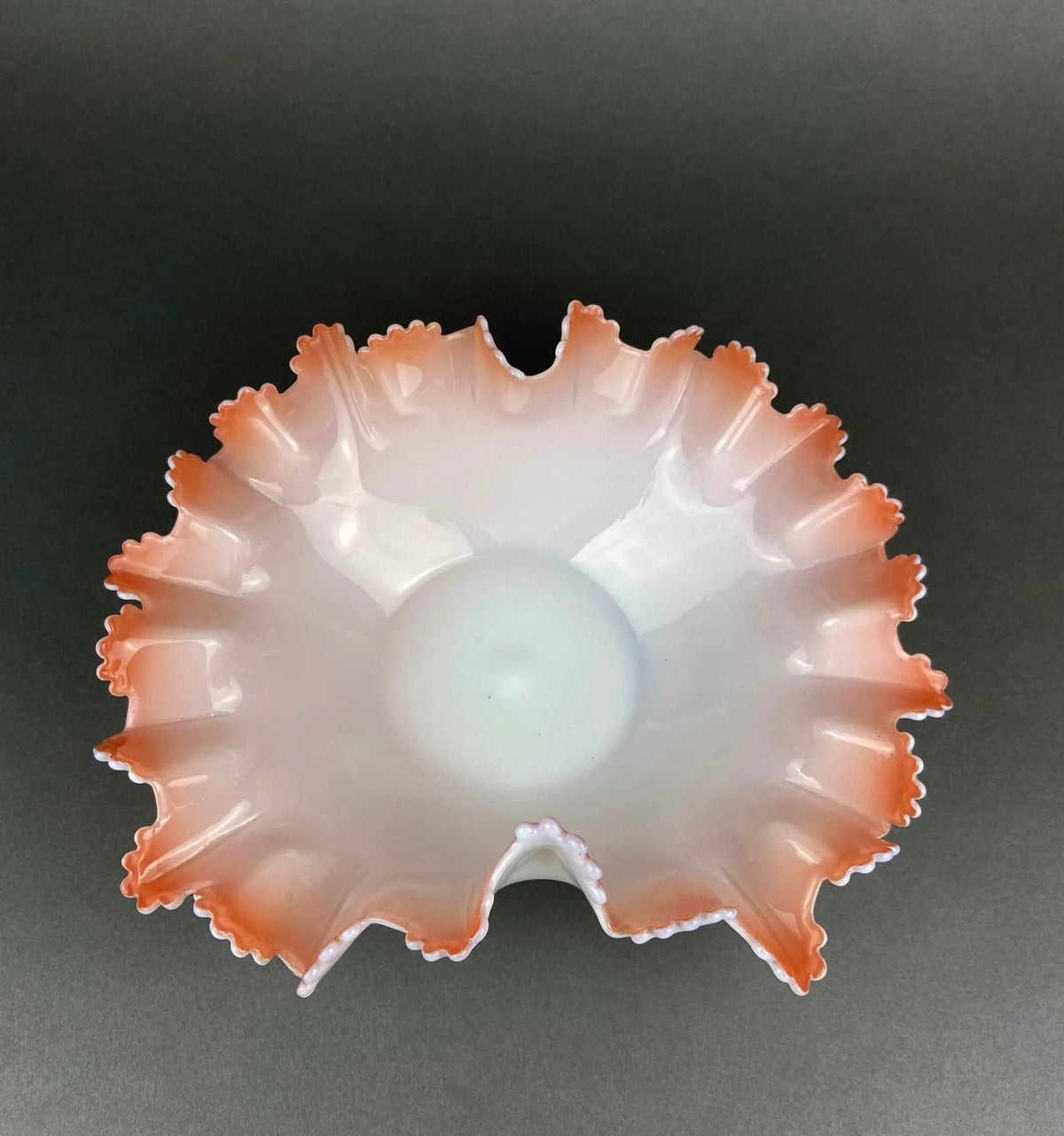 Vintage Opalescent Glass Serving Bowl | White Pink | Ruffled Edge | 10 Inch