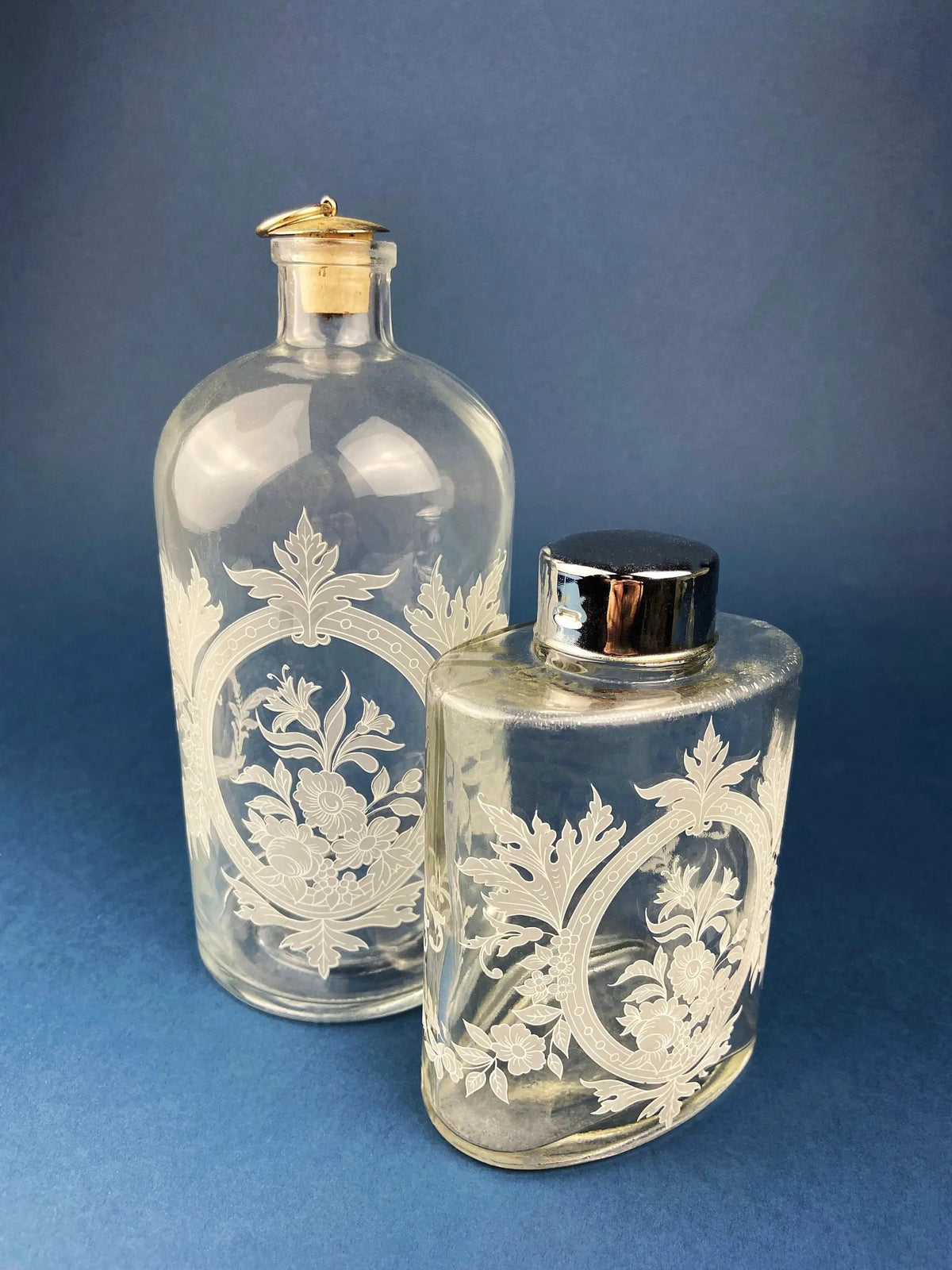 Vintage Apothecary Jars | 14 Inch Tall | Brass Caps | Set Of Two