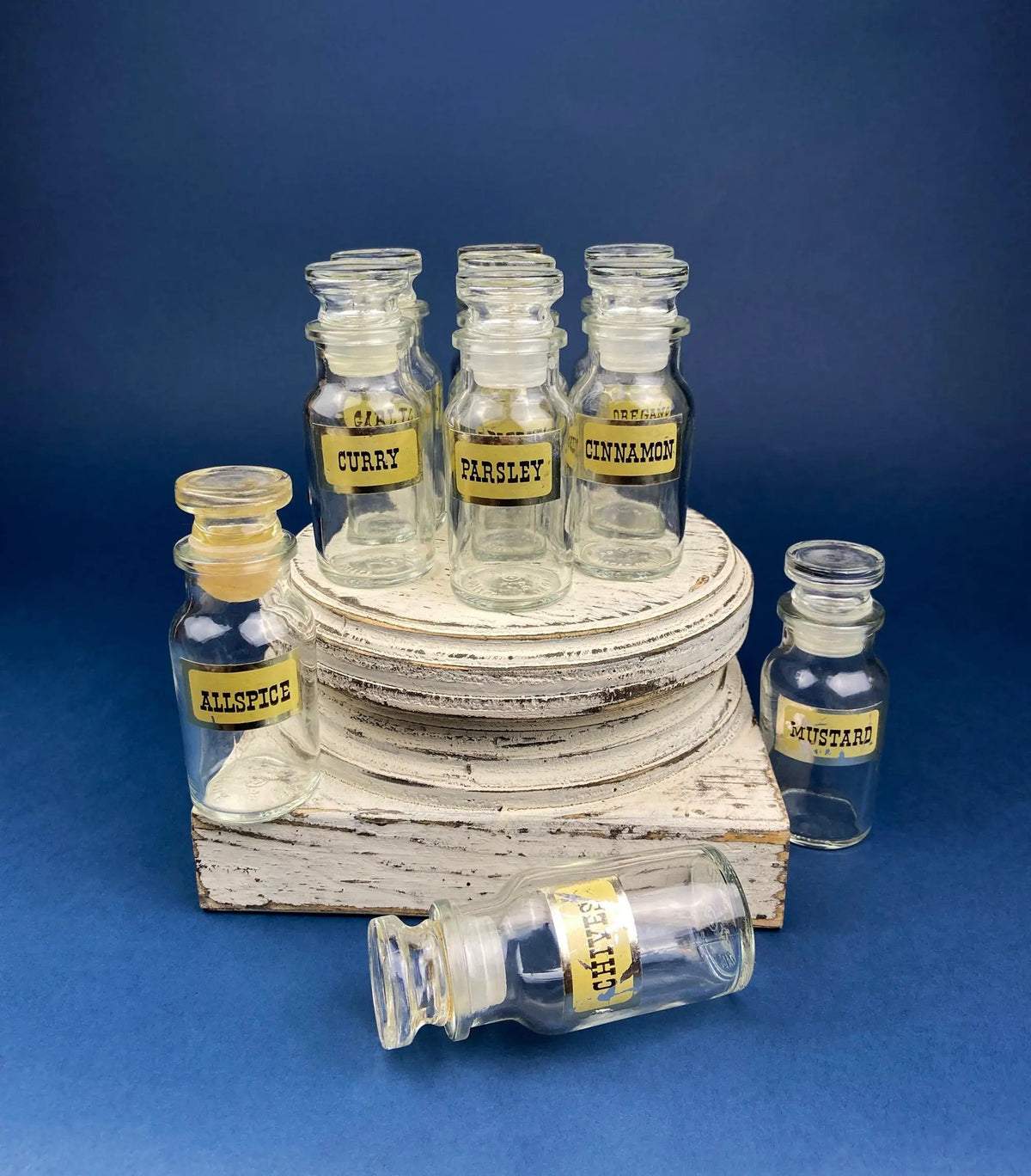 Vintage Glass Spice Apothecary Bottles | Set of Ten | Glass Stoppers | 4 Inch