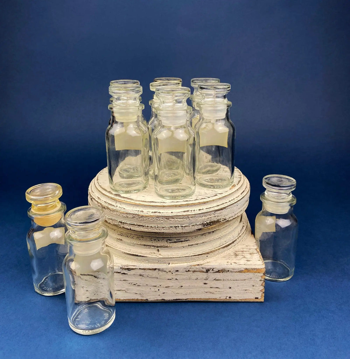 Vintage Glass Spice Apothecary Bottles | Set of Ten | Glass Stoppers | 4 Inch