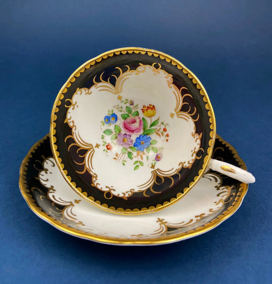 Vintage Tuscan Teacup and Saucer in Black | White and Gold Floral Pattern | Collectible Vintage | Collectors & Hosts