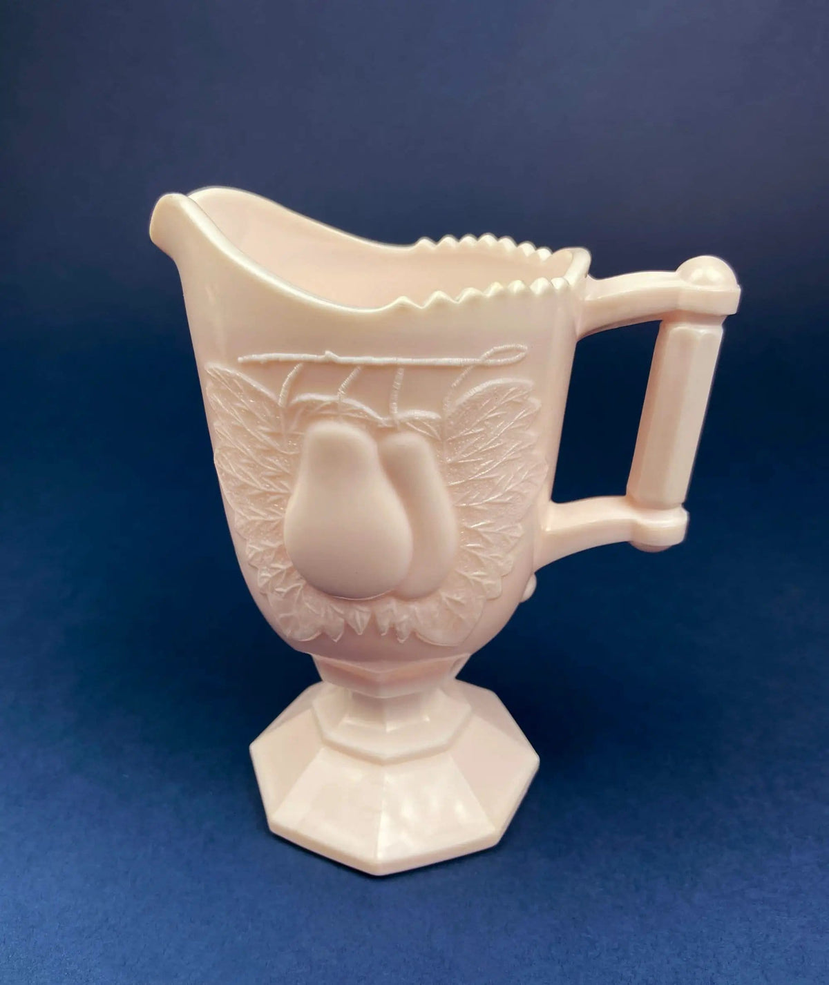 Pink Milk Glass Footed Creamer with Pear Motif | Collectible Tableware | Collectible Vintage | Collectors & Hosts