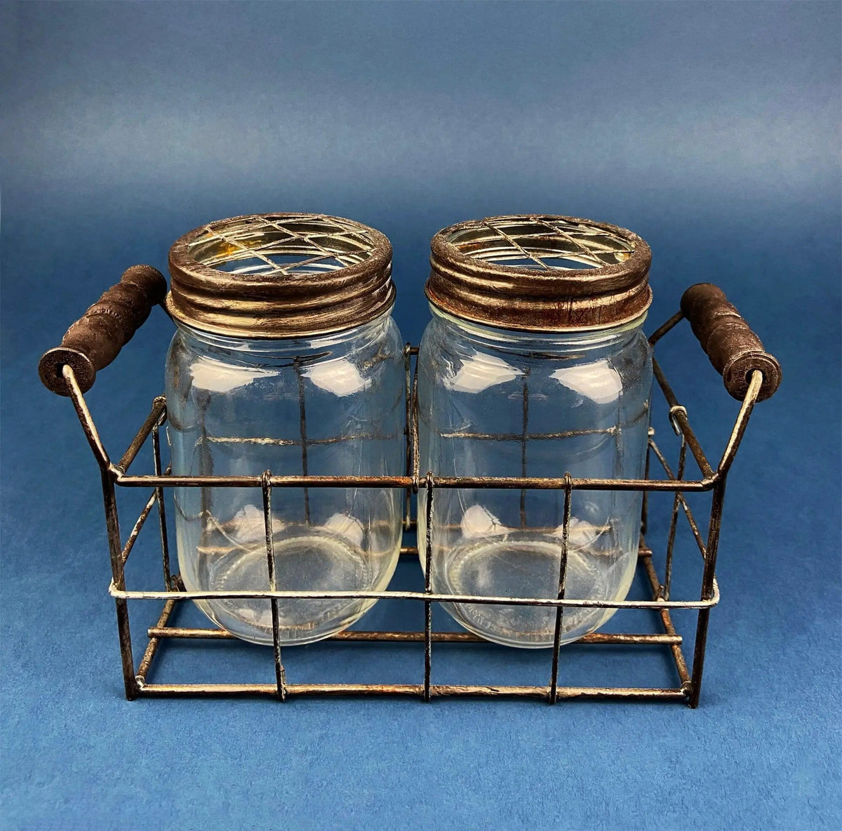 Collection of Rustic, Clear Glass Jars & Bottles with Metal Wire Baskets | Three Sets of Flower Vases or Candle Holders | Modern Farmhouse | Collectors & Hosts