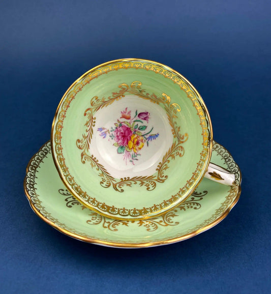 Vintage Grosvenor Fine Bone China Teacup and Saucer - Mint Green Floral | Collectible Vintage | Pre-Owned Piece | Collectors & Hosts