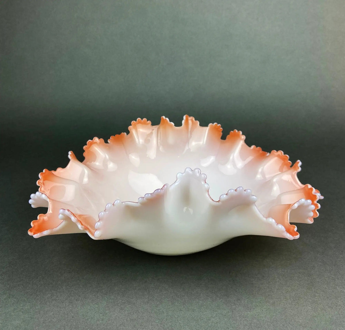 Vintage Opalescent Glass Serving Bowl | White Pink | Ruffled Edge | 10 Inch