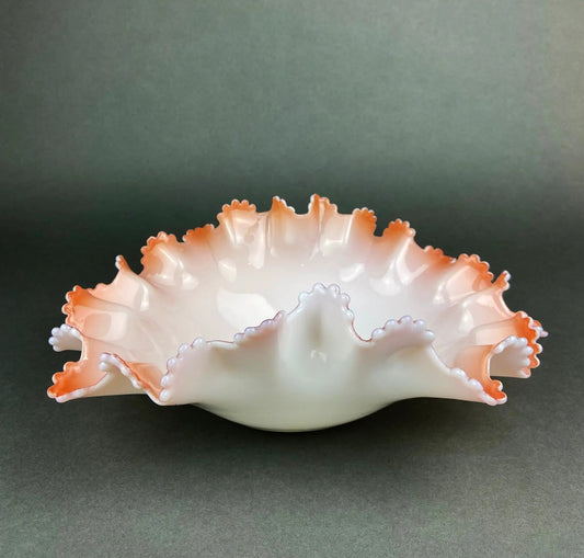 Vintage Opalescent Glass Serving Bowl | White Pink | Ruffled Edge | 10 Inch