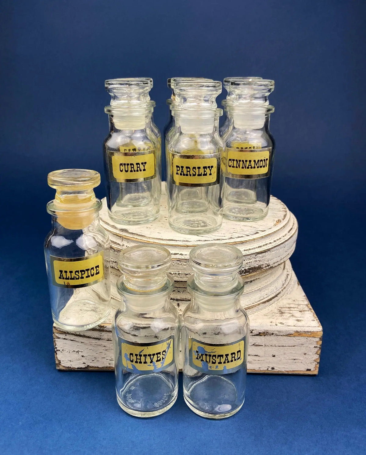 Vintage Glass Spice Apothecary Bottles | Set of Ten | Glass Stoppers | 4 Inch