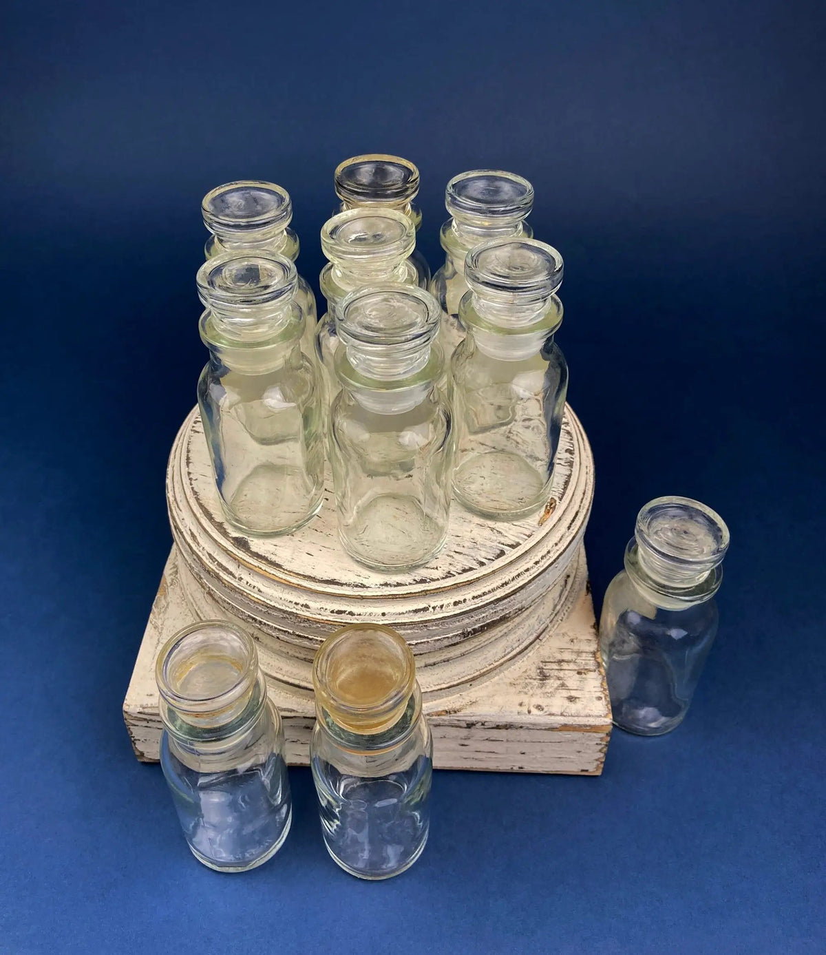 Vintage Glass Spice Apothecary Bottles | Set of Ten | Glass Stoppers | 4 Inch