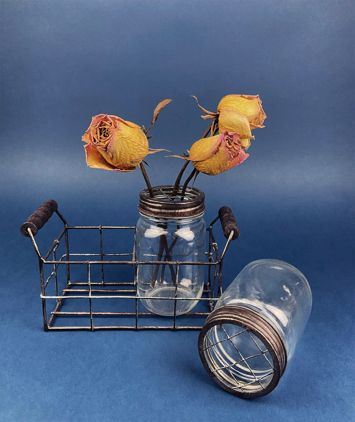Collection of Rustic, Clear Glass Jars & Bottles with Metal Wire Baskets | Three Sets of Flower Vases or Candle Holders | Modern Farmhouse | Collectors & Hosts