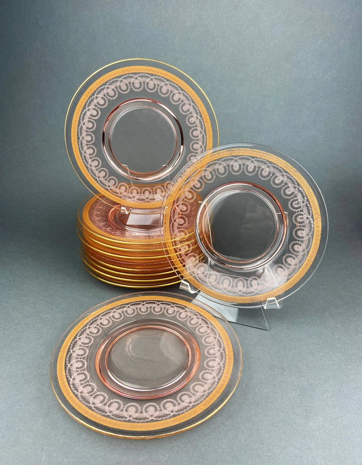 Antique Etched Glass Dessert Plates or Salad Plates | Set of Seven Square Serving Plates with Scalloped Edges | Fine Dining | Collectors & Hosts