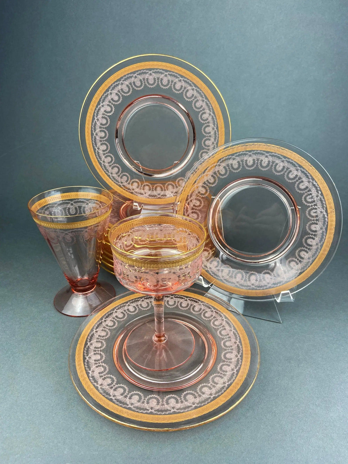Antique Etched Glass Dessert Plates or Salad Plates | Set of Seven Square Serving Plates with Scalloped Edges | Fine Dining | Collectors & Hosts