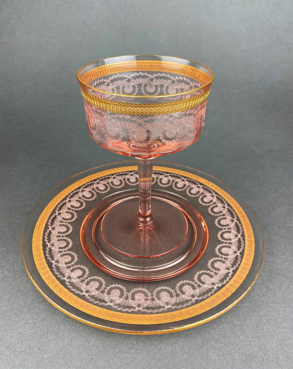 Antique Pink Crystal Goblets | Morgantown Necklace Gold Pattern | Set of 8 | Collectors & Hosts