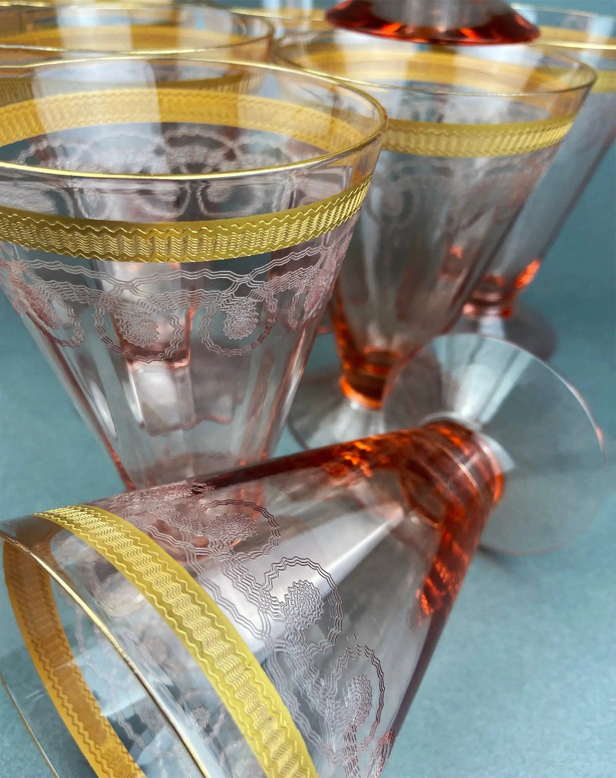 Antique Pink Crystal Goblets | Morgantown Necklace Gold Pattern | Set of 8 | Collectors & Hosts