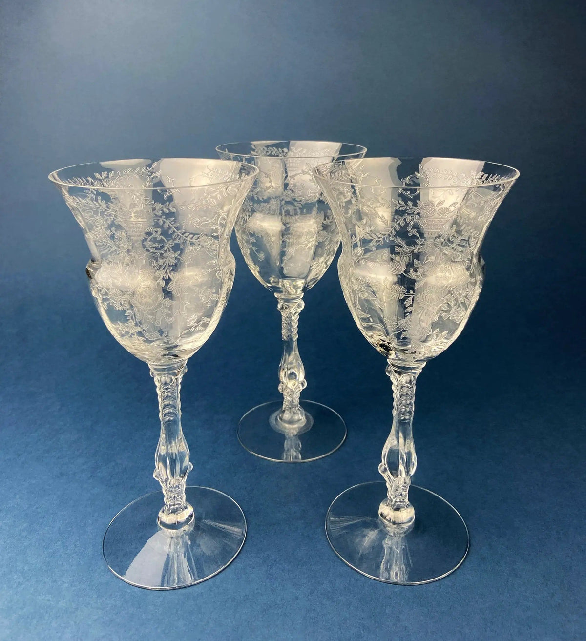 Antique Tall Sherbet Crystal Glasses by Fostoria | Etched Midnight Rose Pattern | Set of Six, 4 oz, Glassware | Collectors & Hosts