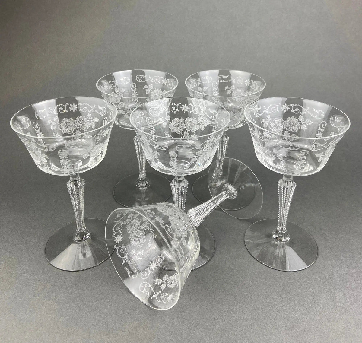 Antique Tall Sherbet Crystal Glasses by Fostoria | Etched Midnight Rose Pattern | Set of Six, 4 oz, Glassware | Collectors & Hosts