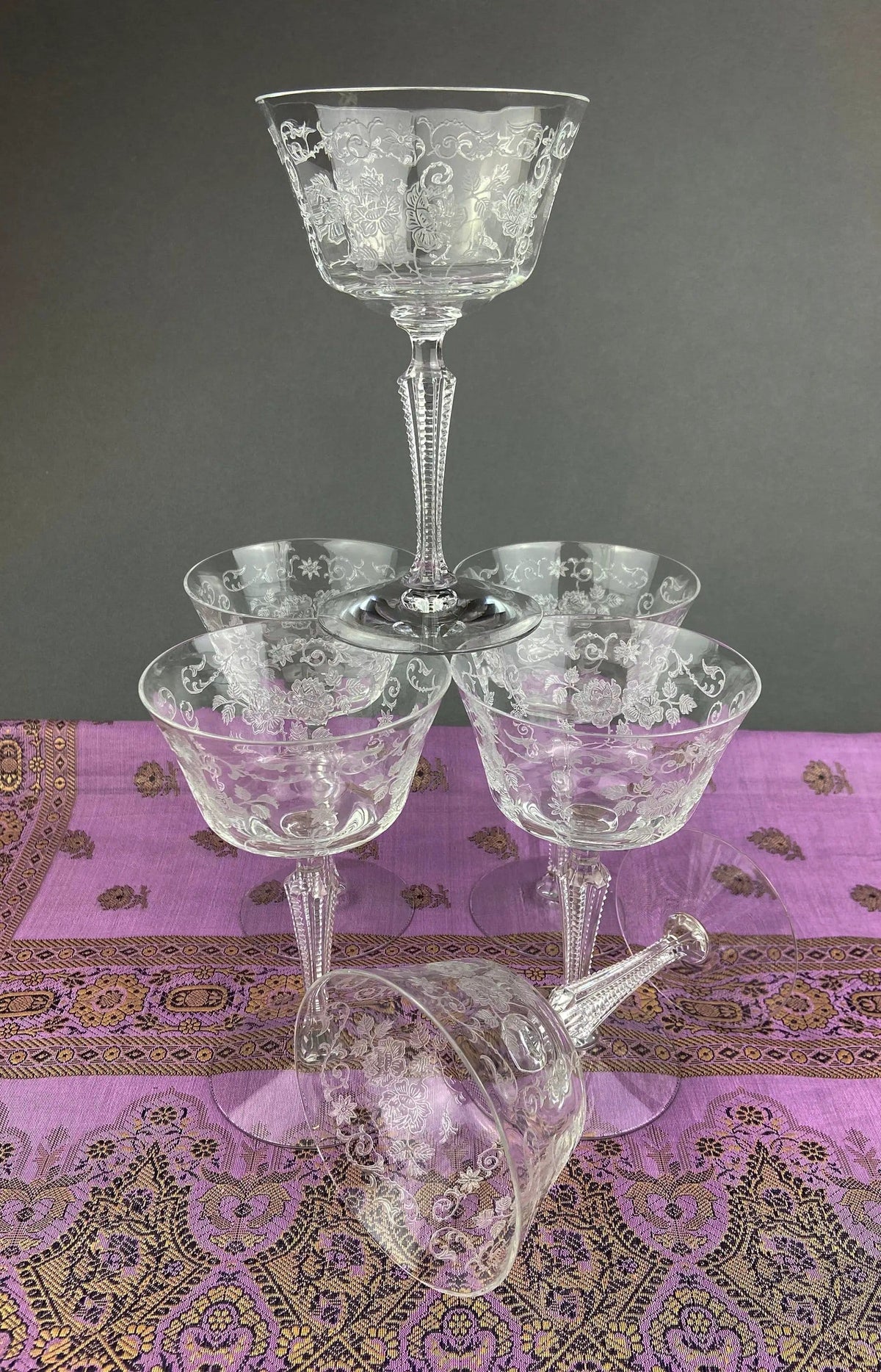 Antique Tall Sherbet Crystal Glasses by Fostoria | Etched Midnight Rose Pattern | Set of Six, 4 oz, Glassware | Collectors & Hosts