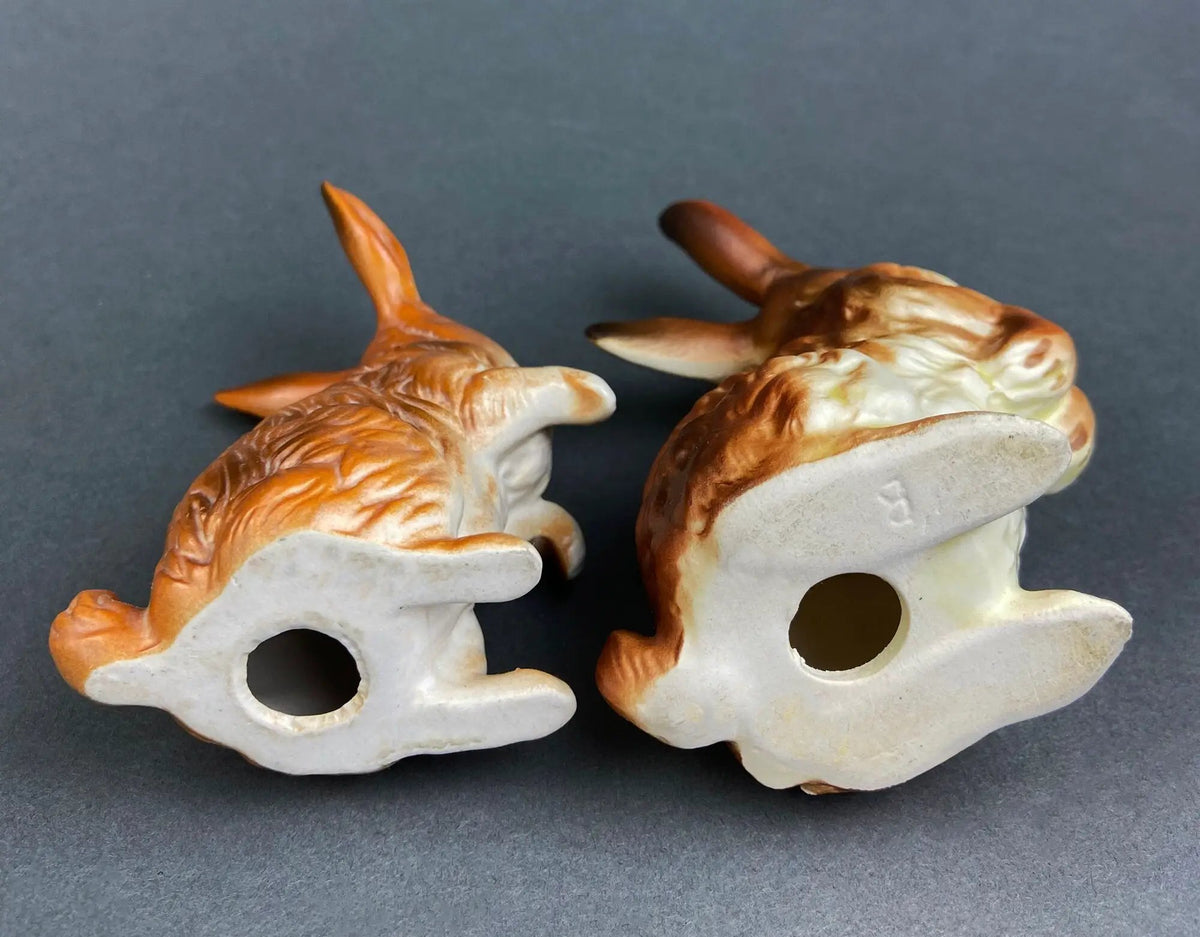 Vintage Bunny Figurines | Hand Painted Porcelain | Brown Pair | 4 To 5 Inches