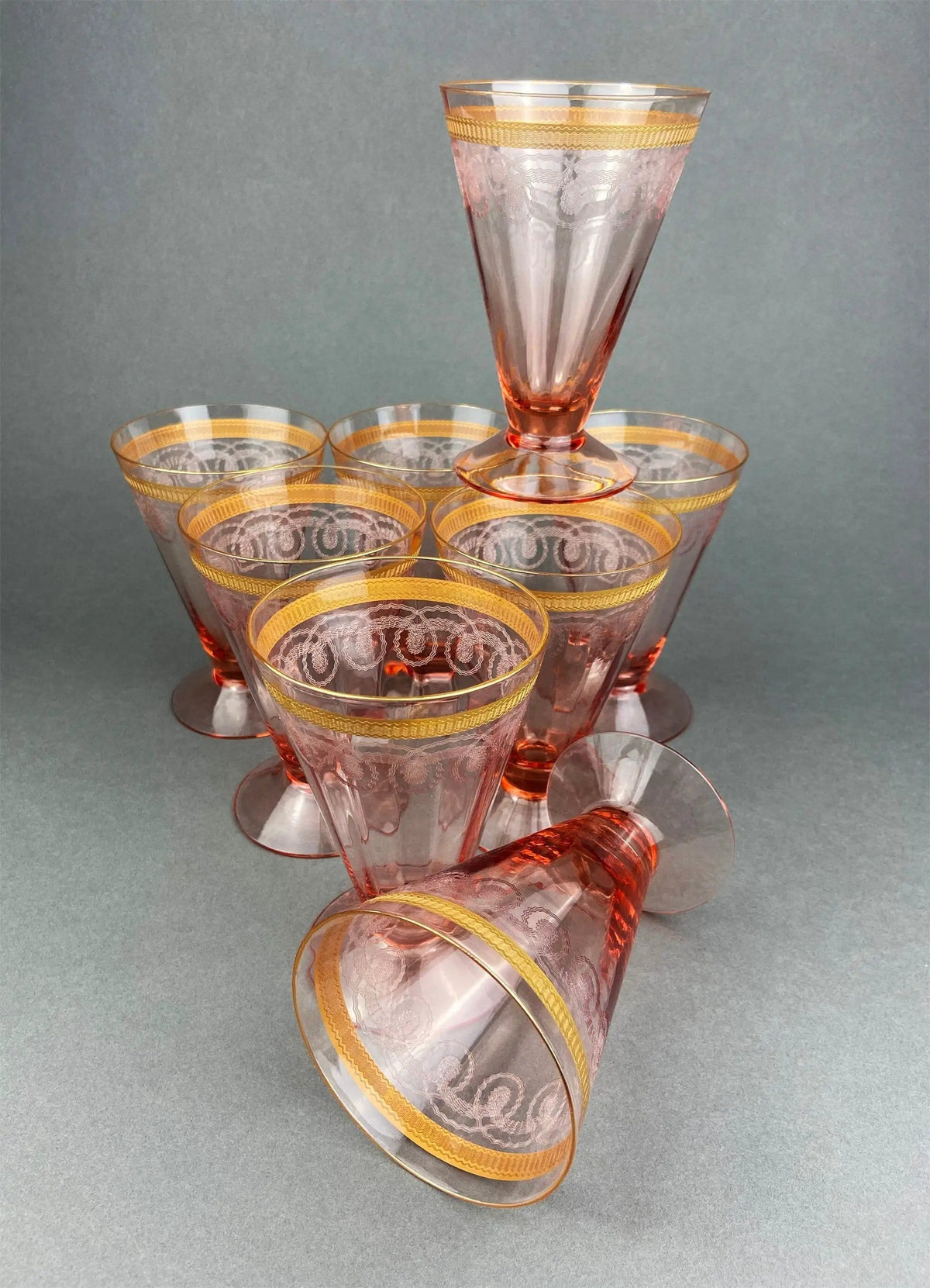 Antique Pink Crystal Goblets | Morgantown Necklace Gold Pattern | Set of 8 | Collectors & Hosts