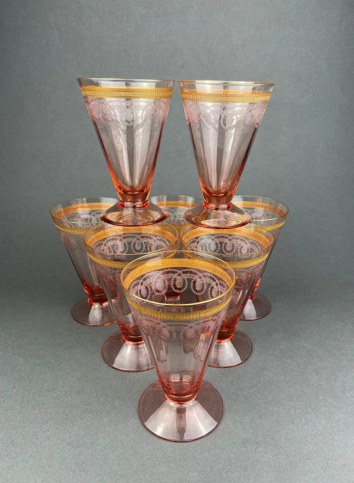 Antique Pink Crystal Goblets | Morgantown Necklace Gold Pattern | Set of 8 | Collectors & Hosts