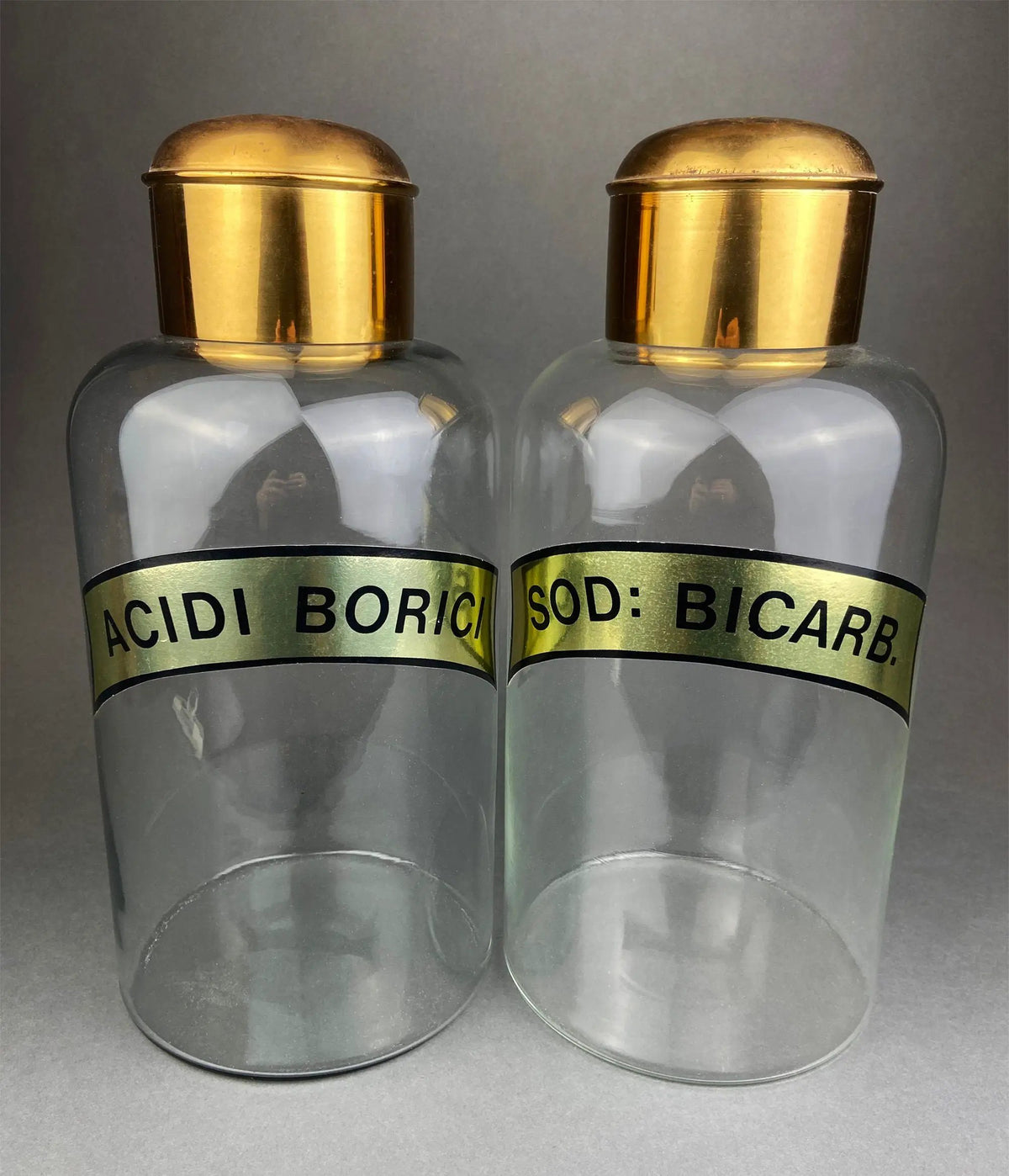 Vintage Apothecary Jars | 14 Inch Tall | Brass Caps | Set Of Two