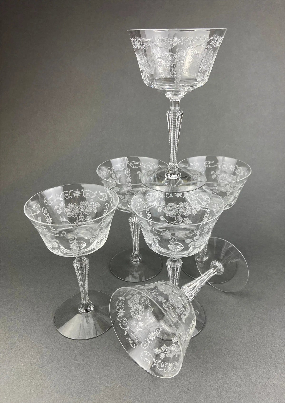 Antique Tall Sherbet Crystal Glasses by Fostoria | Etched Midnight Rose Pattern | Set of Six, 4 oz, Glassware | Collectors & Hosts