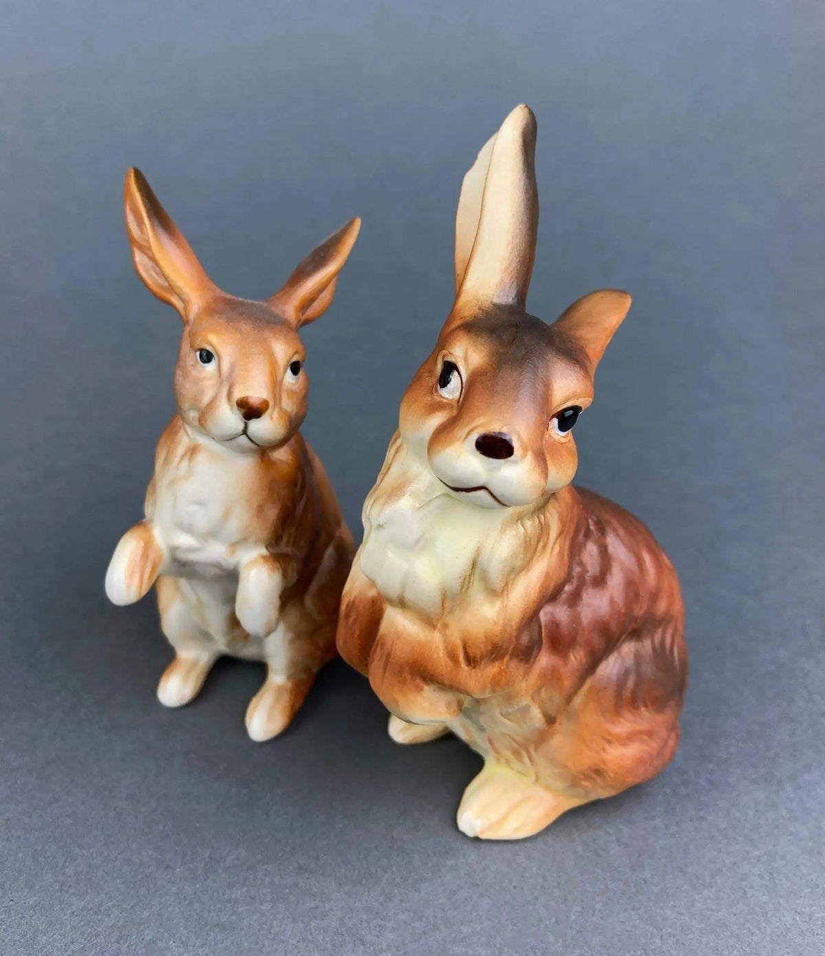 Vintage Bunny Figurines | Hand Painted Porcelain | Brown Pair | 4 To 5 Inches