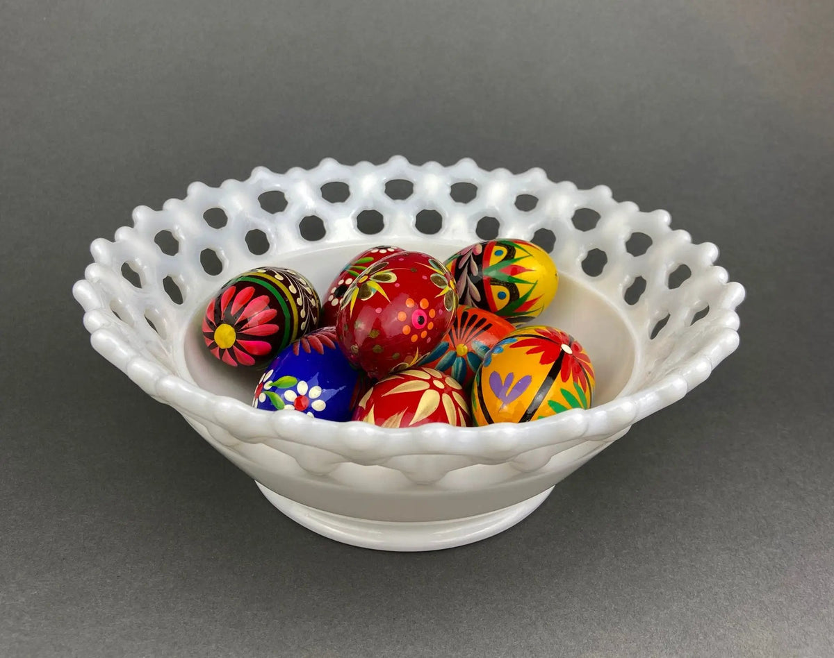 Vintage Milk Glass Bowl | Reticulated Lace Rim | 9 Inch Diameter | White Serving