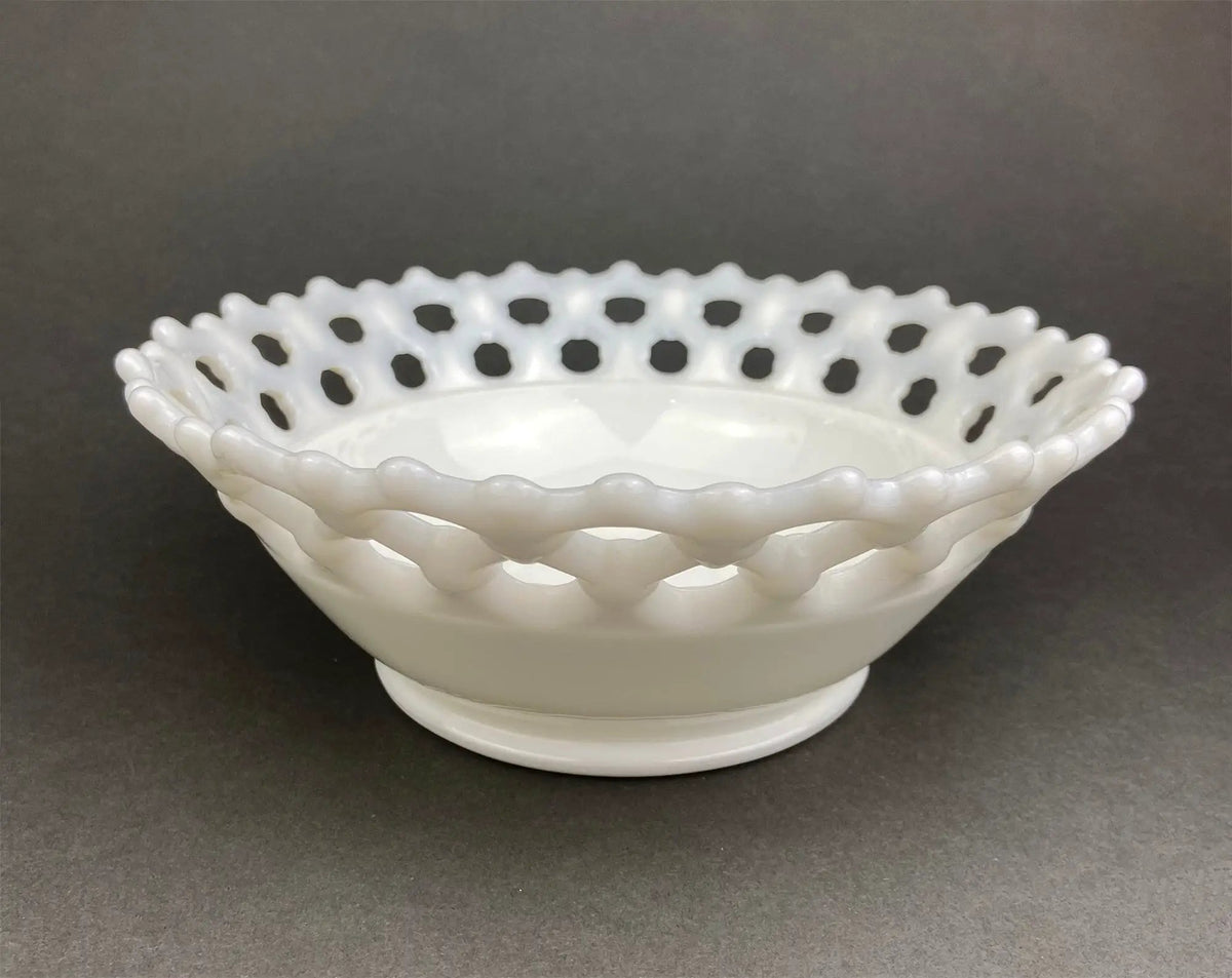 Vintage Milk Glass Bowl | Reticulated Lace Rim | 9 Inch Diameter | White Serving
