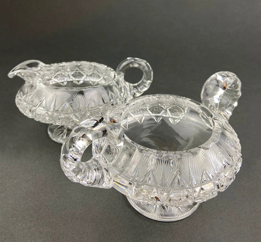 Cut Crystal Creamer and Sugar Bowls: Feather Cut Pattern | Set of Two | Collectible Vintage | Collectors & Hosts