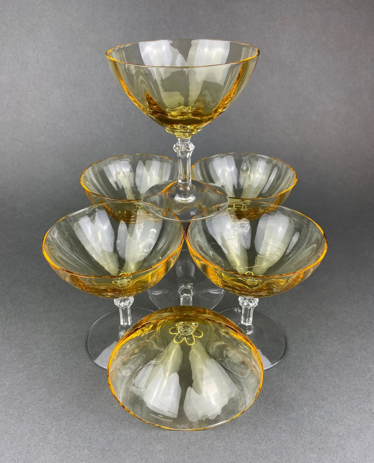 Champagne Glasses | Set Of Six | Light Yellow Topaz | Low Sherbet Gold Rim
