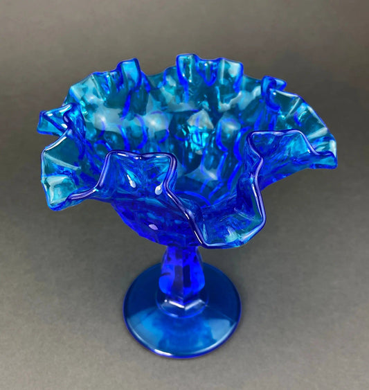 Vintage Blue Glass Footed Serving Bowl | Blue Thumb Print Glass Jar with Ruffled Edge | Collectible Blue Glass Dish | Collectors & Hosts