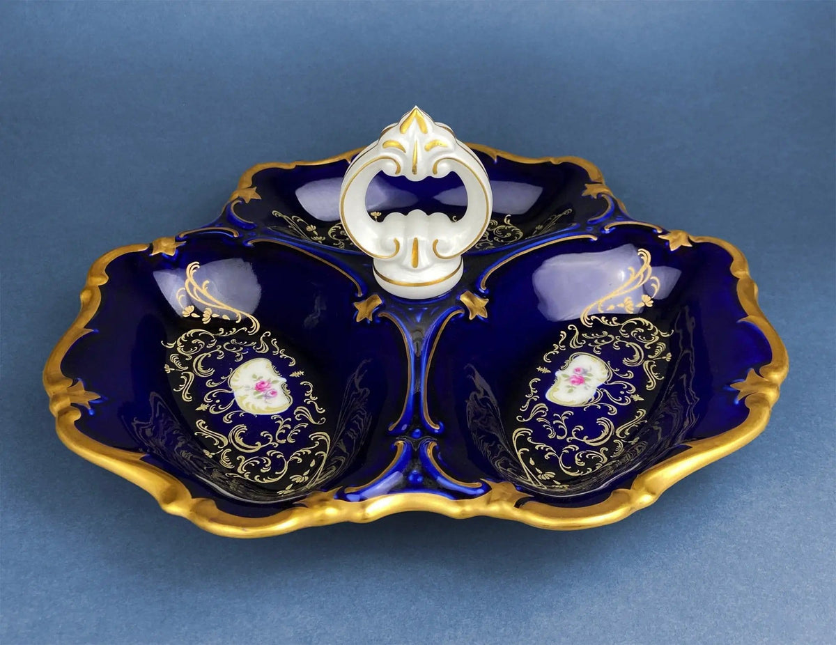 Porcelain Divided Bowl with Handle, Decorated with Three Different Hand Painted Landscapes | Antique Rare Collectible Art Dish | Collectible Vintage | Collectors & Hosts