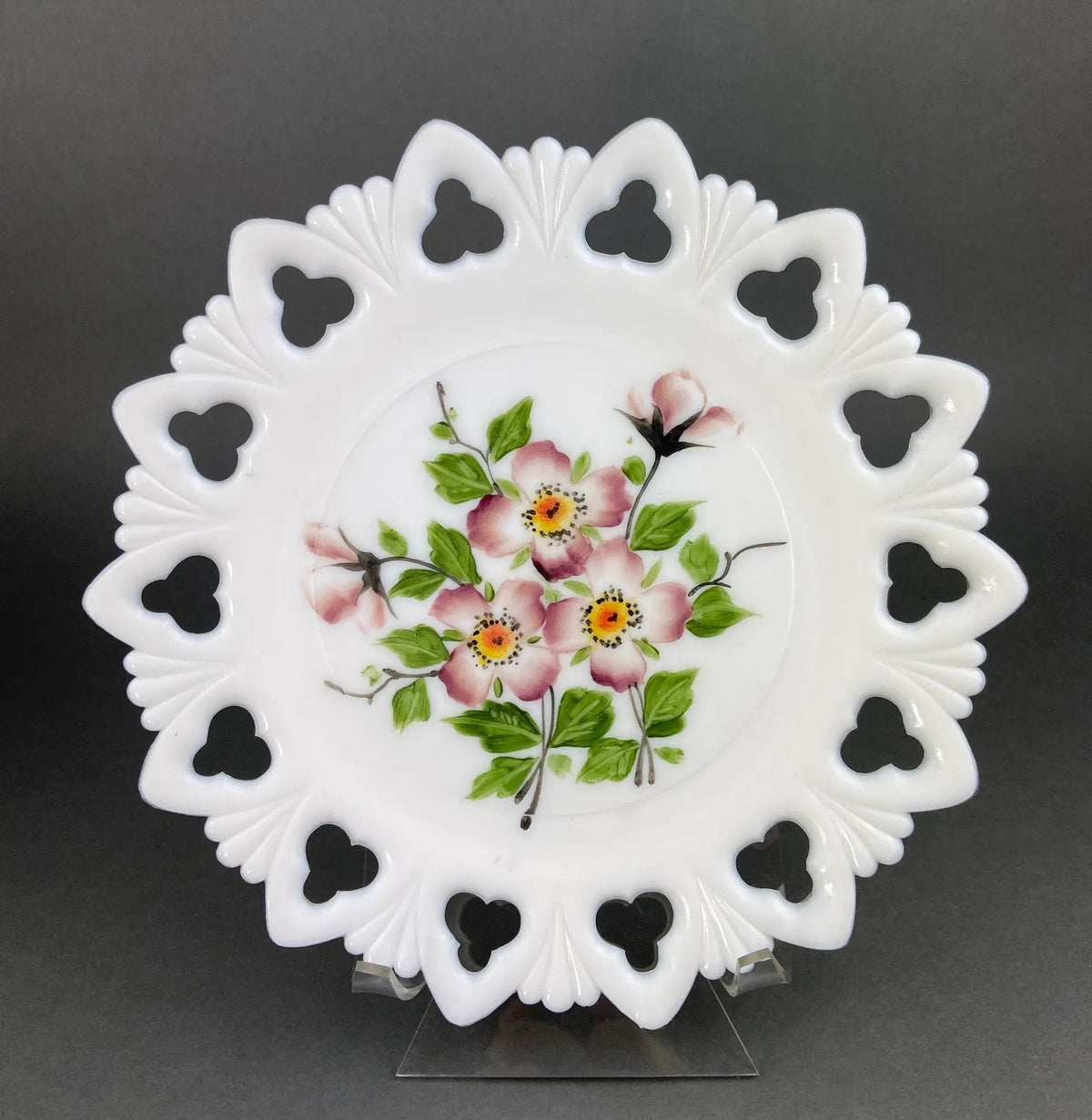 Decorative Milk Glass Plates | Hand Painted Violets | 7.25 Inch Diameter | Set Of Four